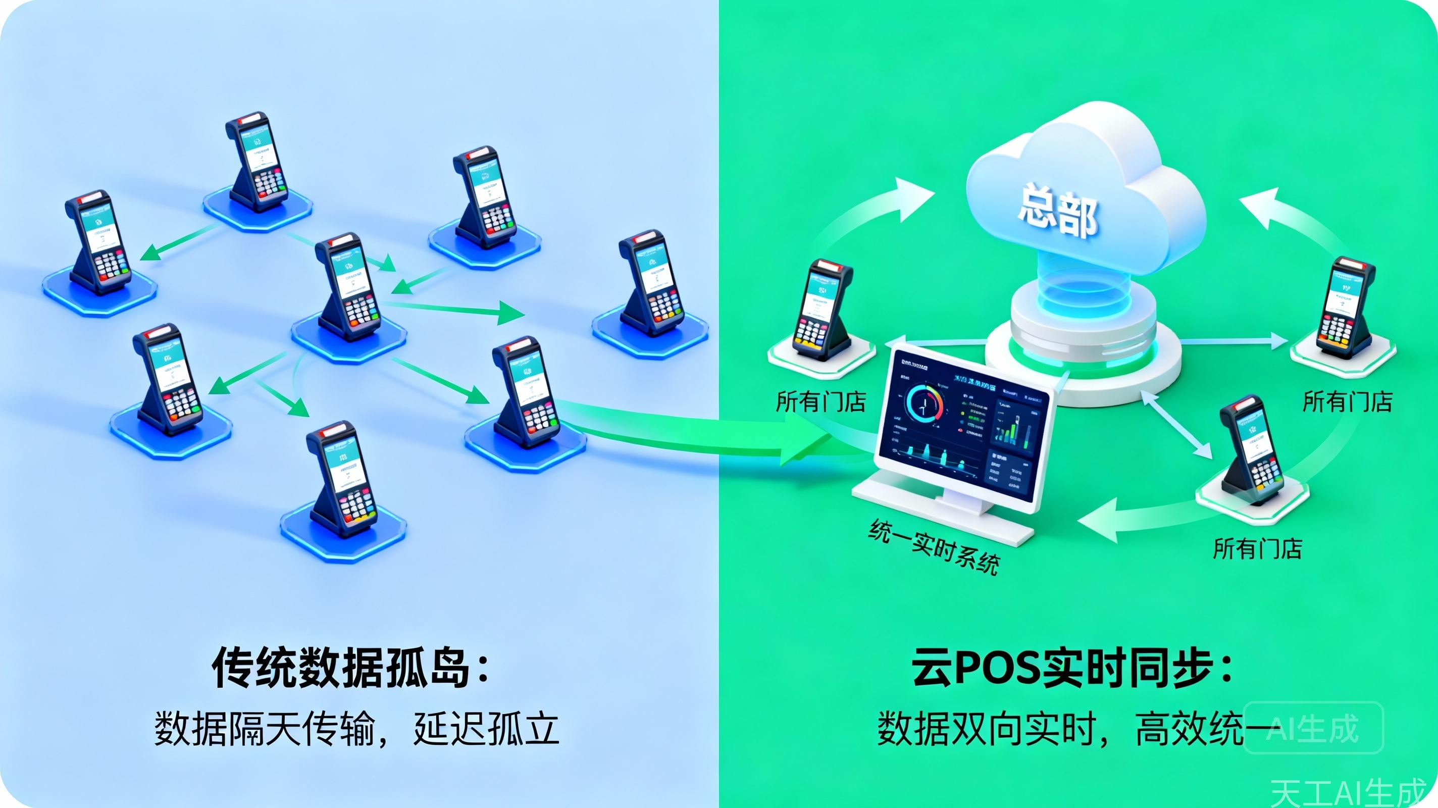 &ldquo;传统数据孤岛 vs. 云POS实时同步&rdquo;对比图